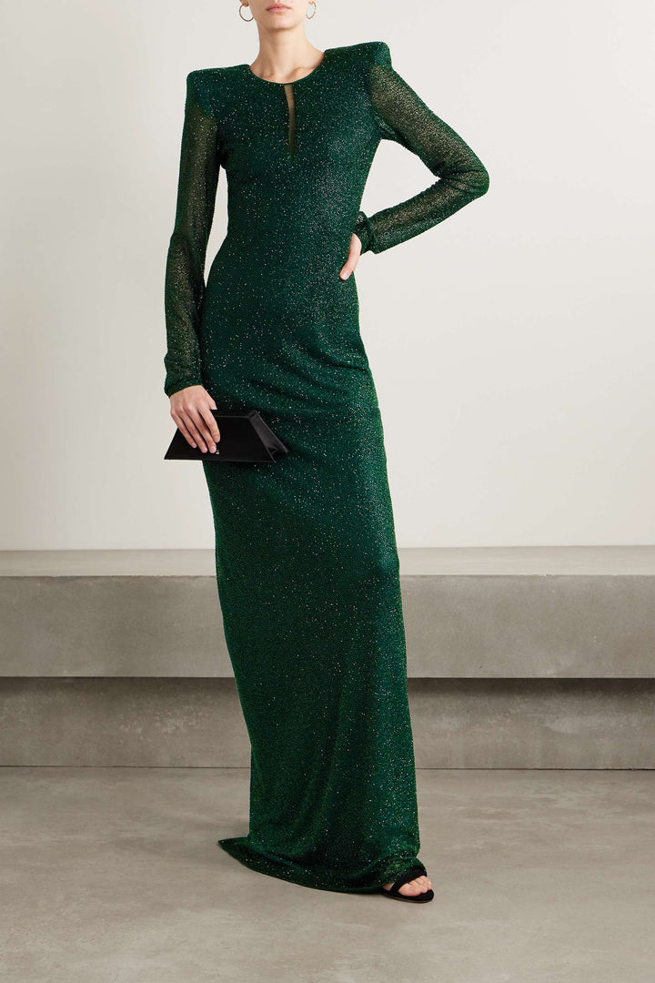 long-sleeve shimmer gown with structured shoulders – EMERALD