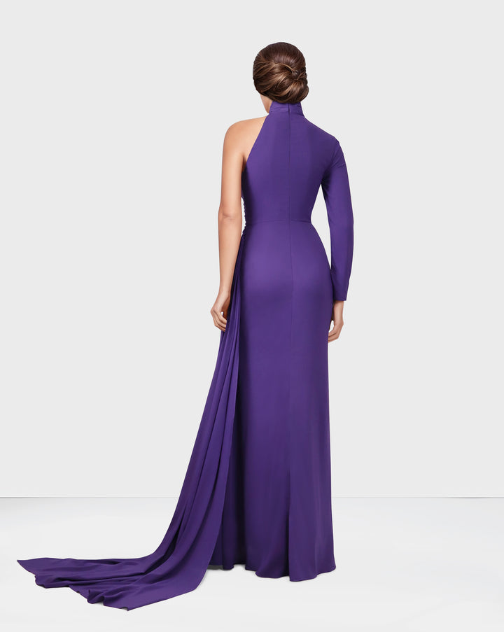 Draped shoulder off dress with side train