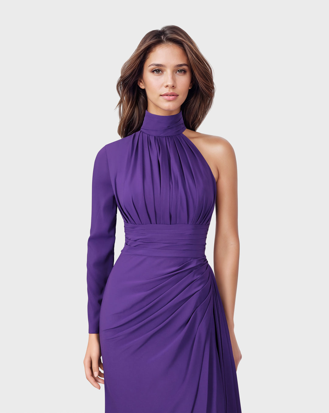Draped shoulder off dress with side train