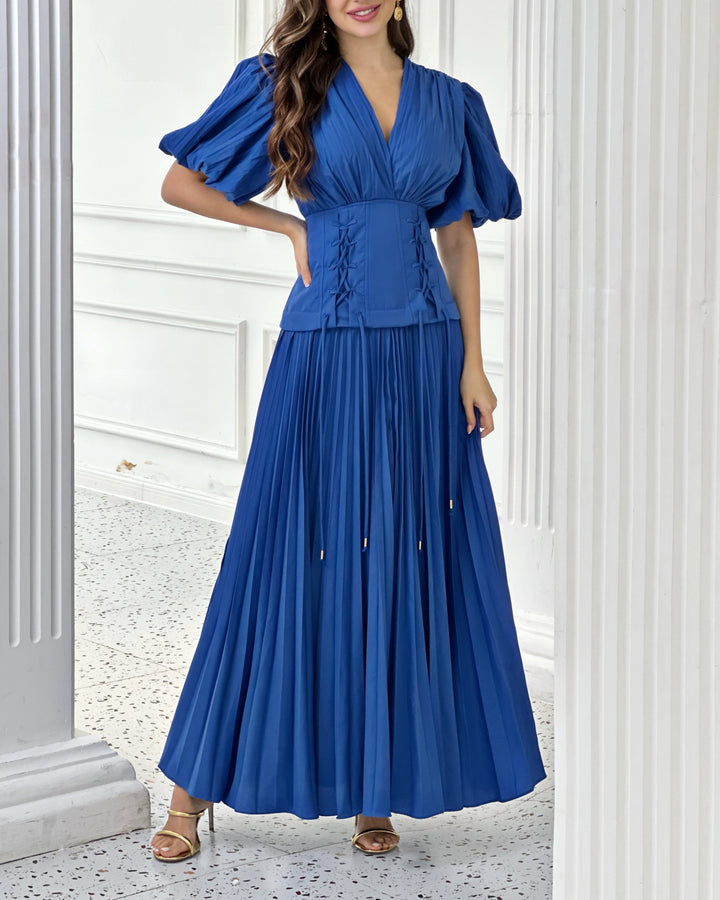 Geplooide top met uitlopende mouwen en maxi-rok set met tailleband – Rosiny 