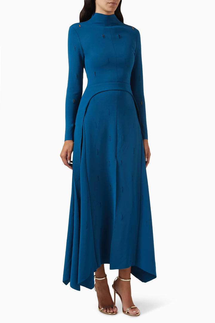 high-neck long-sleeve gown with front slit – RUBINA