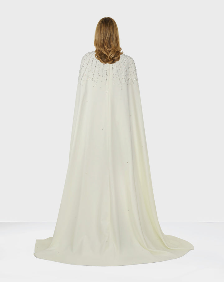 Beaded ivory column dress with high neck cape