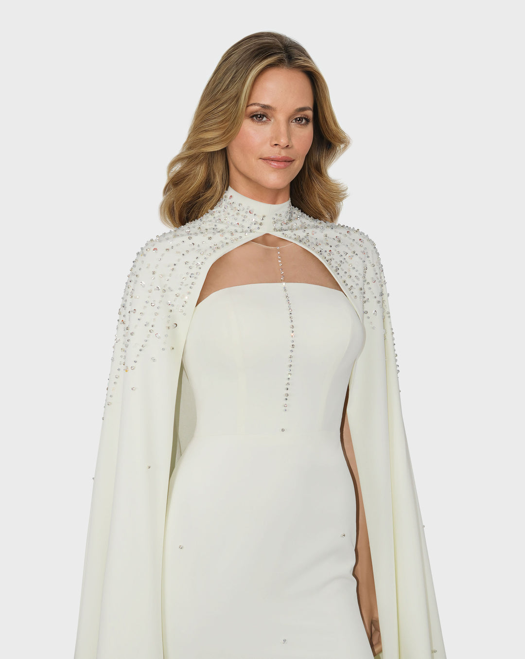 Beaded ivory column dress with high neck cape