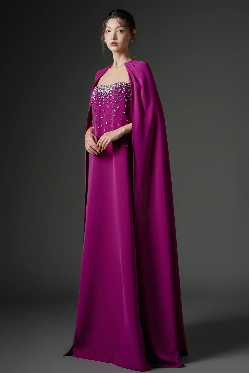 embellished strapless gown with dramatic cape – VIOLA