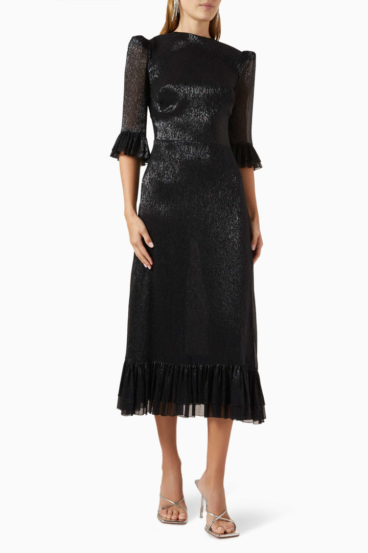 metallic midi dress with ruffled sleeves and hem – SERENA