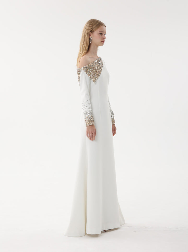 one-shoulder gown with crystal embellished cape sleeve – AURORA