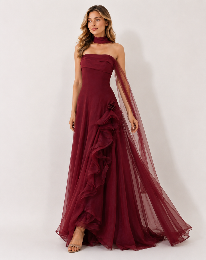 Ruffle Accent Strapless Evening Dress — Bordeaux