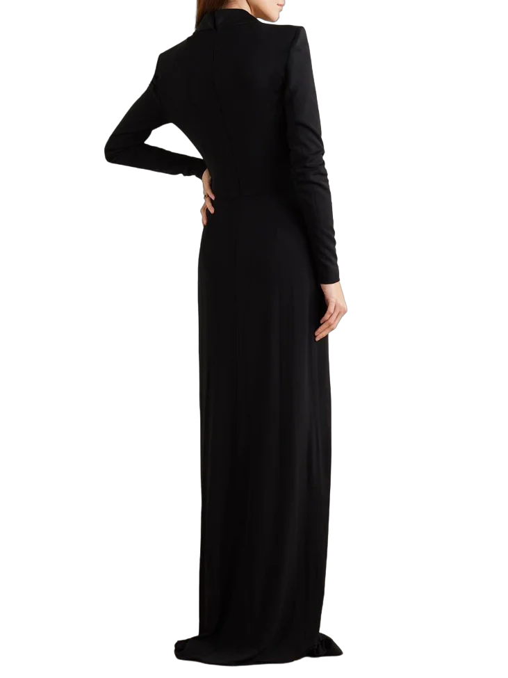 Plunging tuxedo gown with gathered waist – Zaydee –
