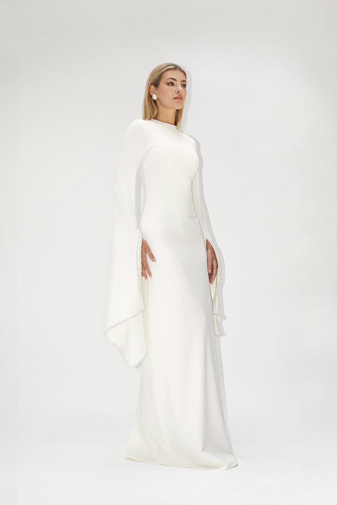 long-sleeve gown with pearl-trimmed flared cuffs – OPHELIA