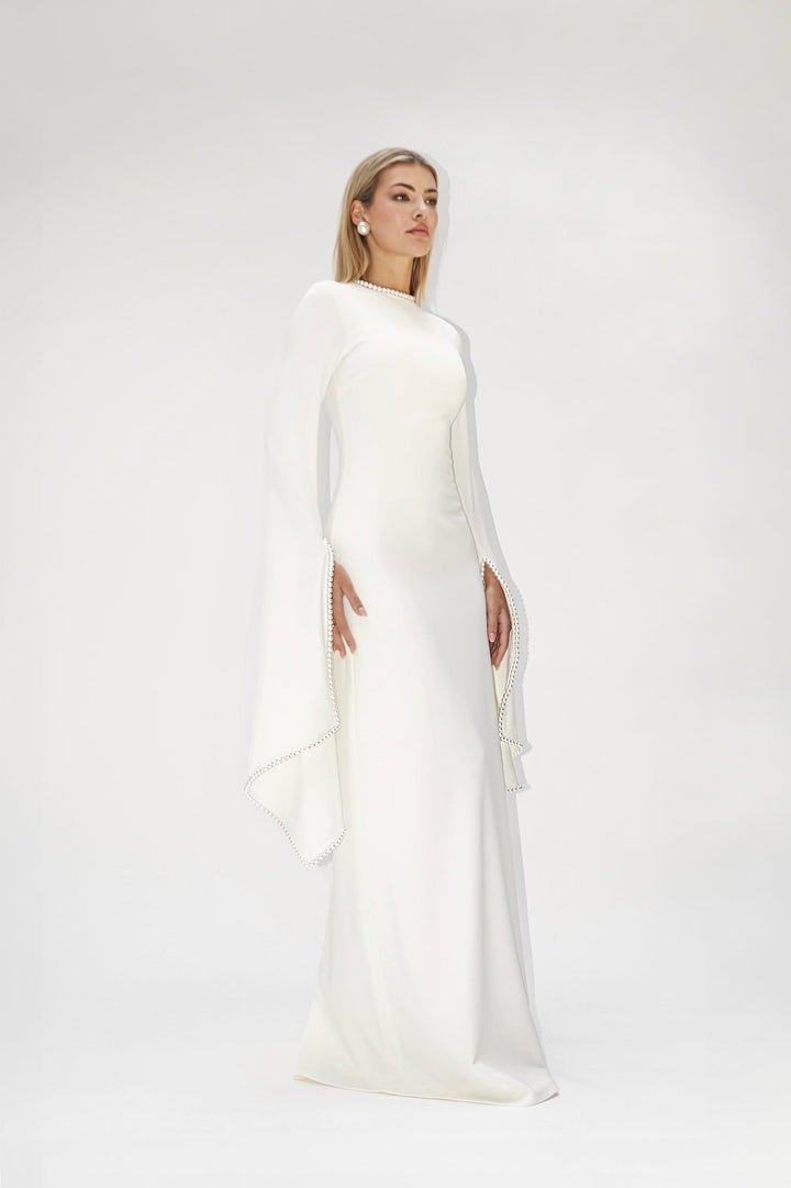 long-sleeve gown with pearl-trimmed flared cuffs – OPHELIA