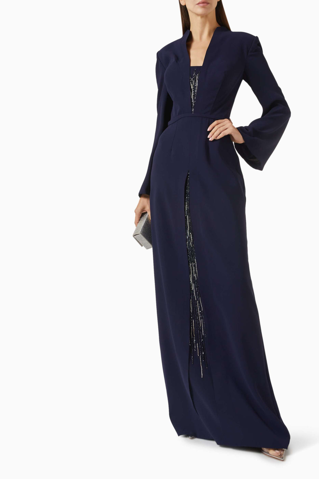 Structured gown with sequin-paneled slit – MIDNIGHTE