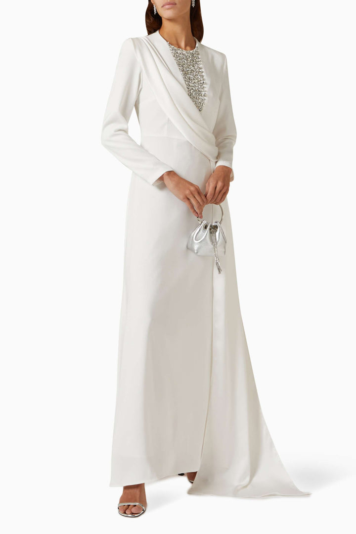 long-sleeve gown with embellished illusion neckline & draped sash – RHEA