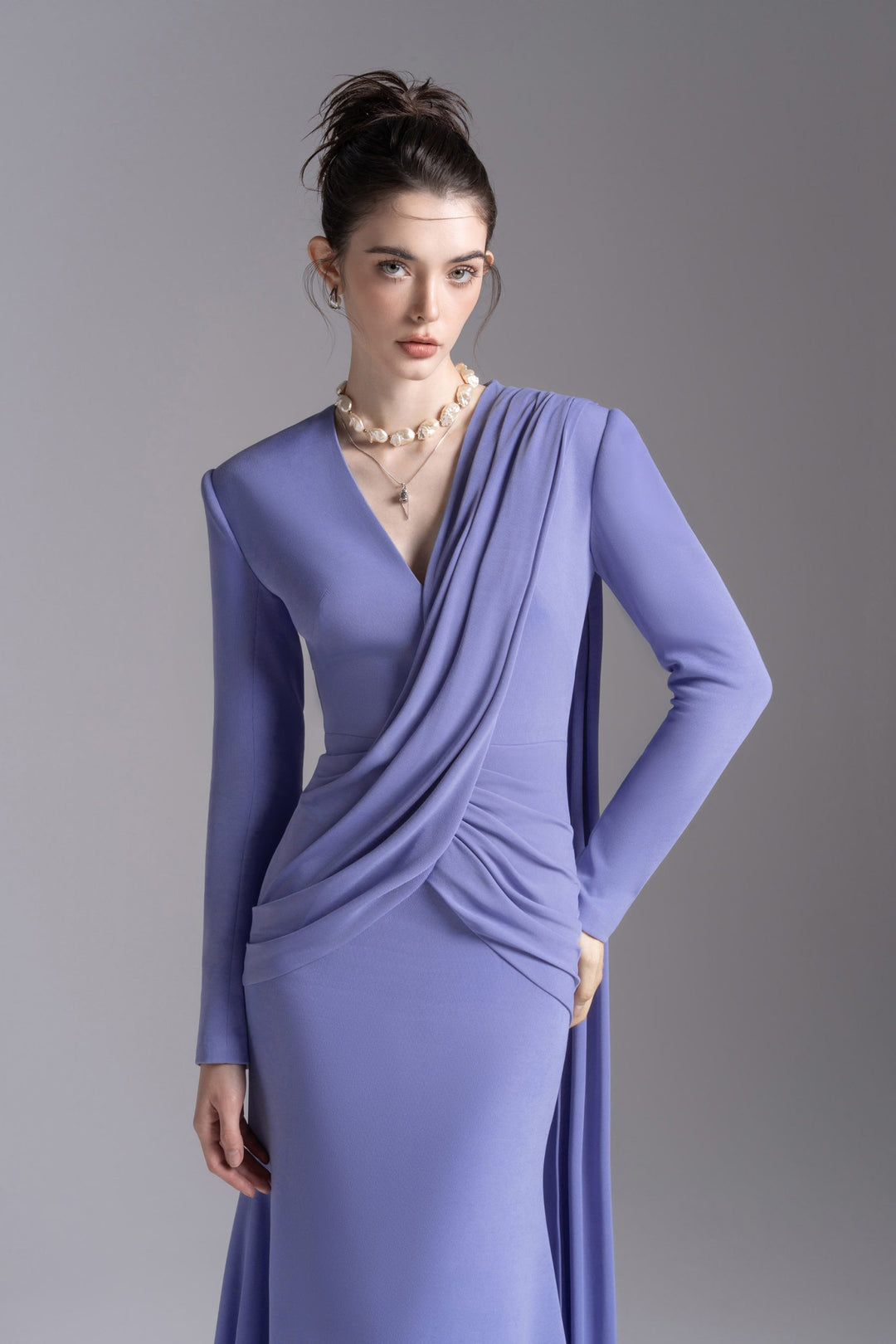 Draped V-neck long-sleeve gown – LAVENYA