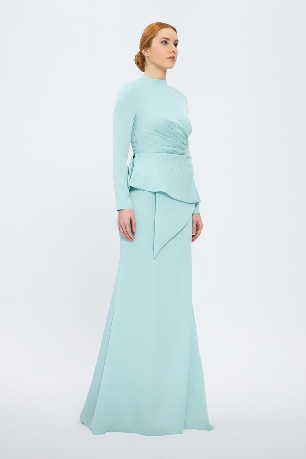long-sleeve peplum gown with crystal draping – SERENE