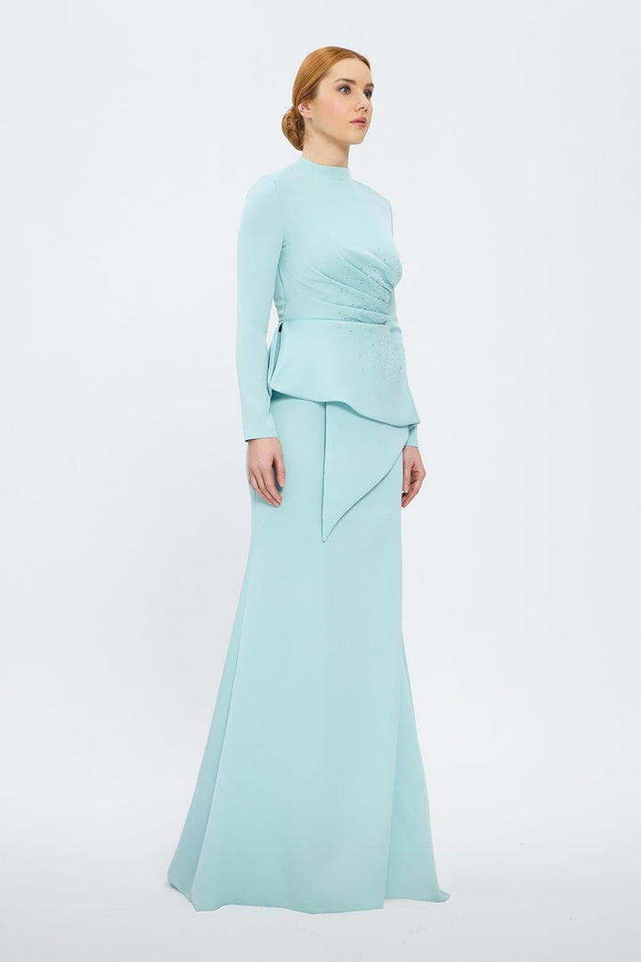 long-sleeve peplum gown with crystal draping – SERENE
