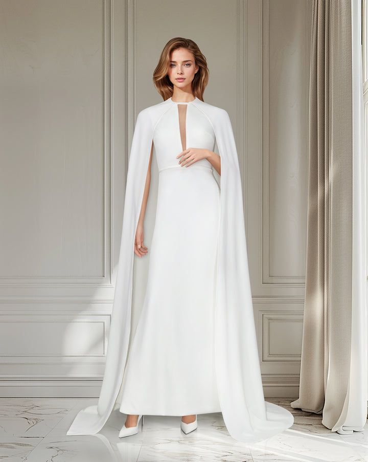 White dress with neckline and cape