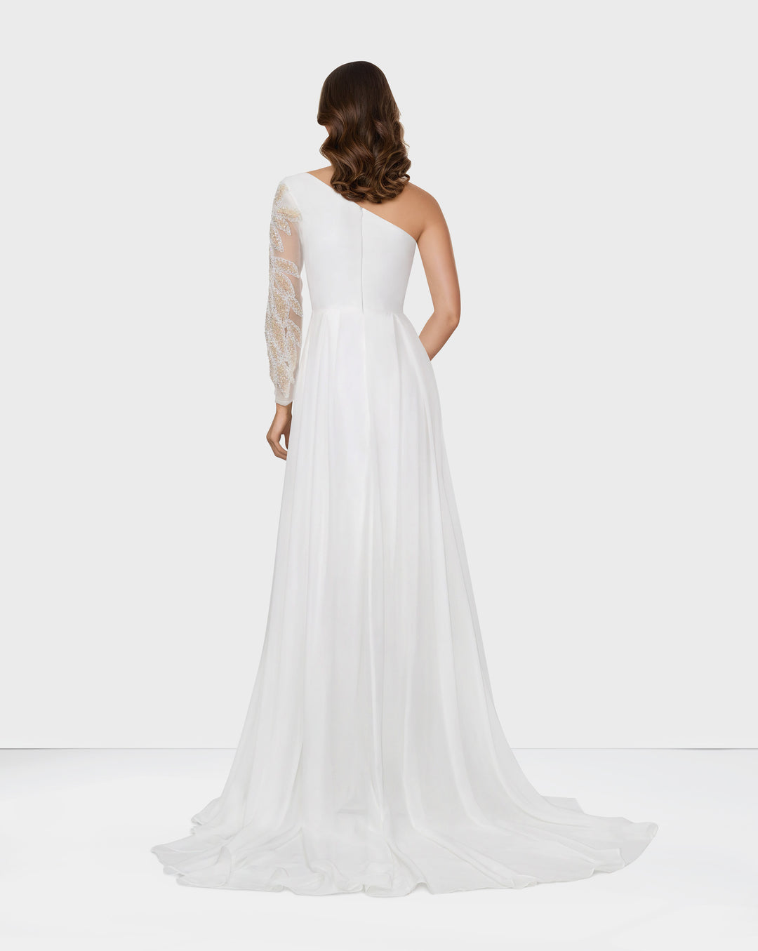 shoulder off wedding dress with beaded sleeve