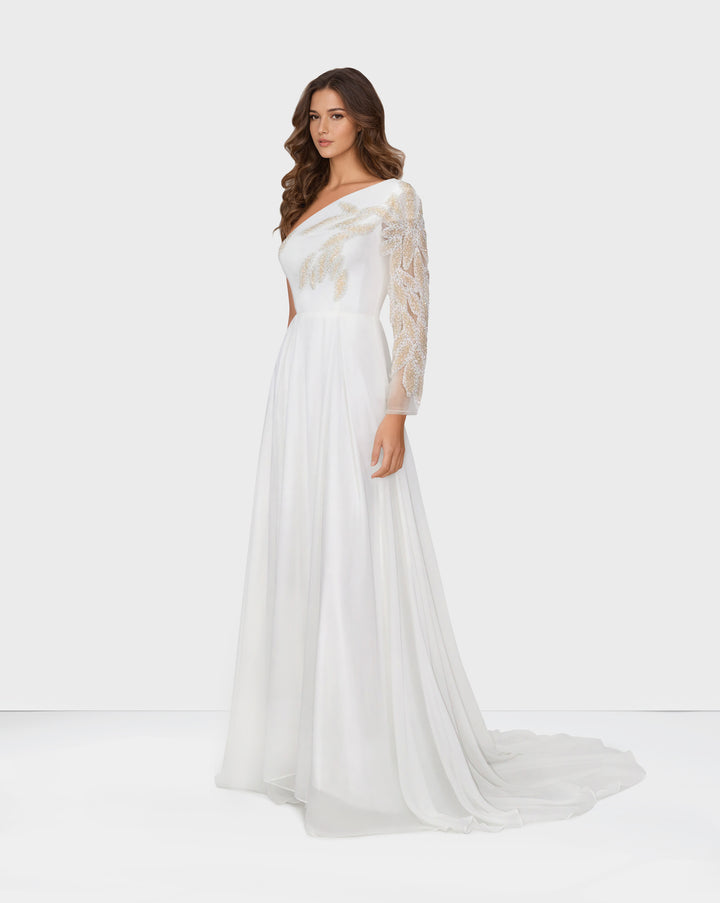 shoulder off wedding dress with beaded sleeve