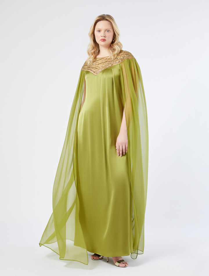 chiffon cape gown with embellished neckline – LUMINA