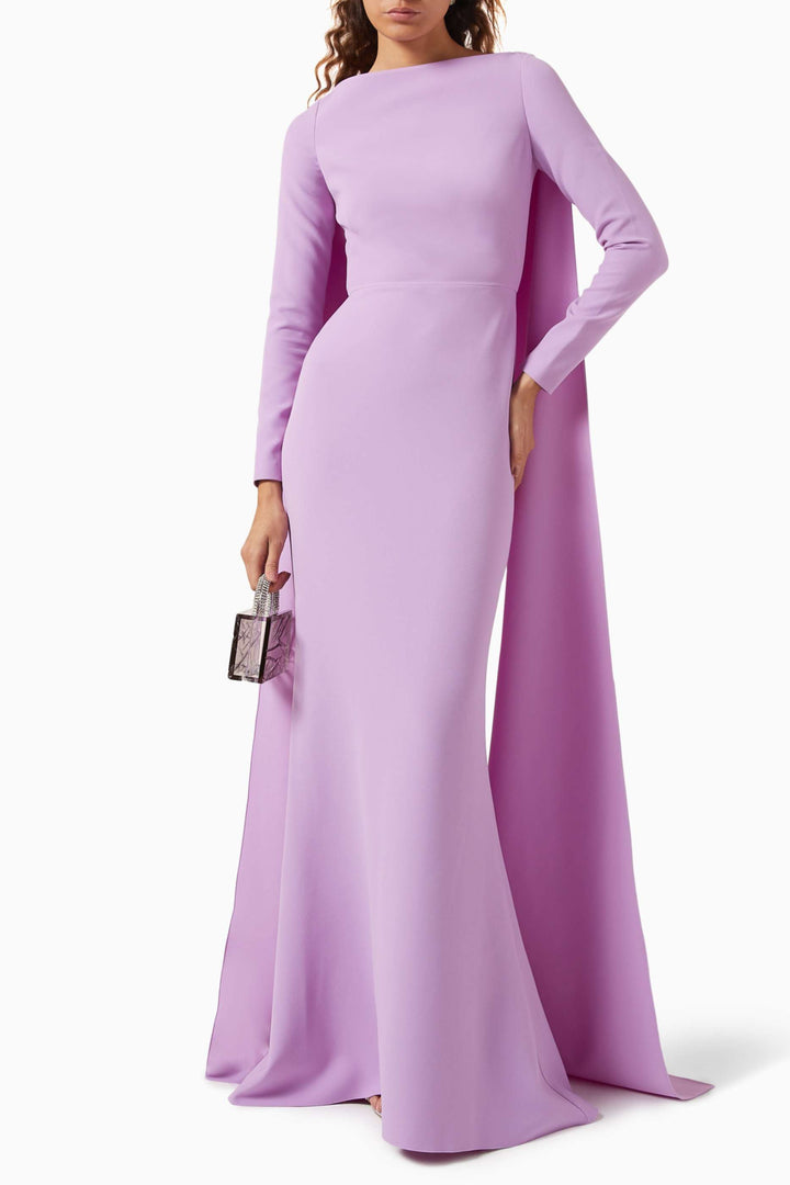 Long-sleeve cape gown with fitted waist – AMETHYST