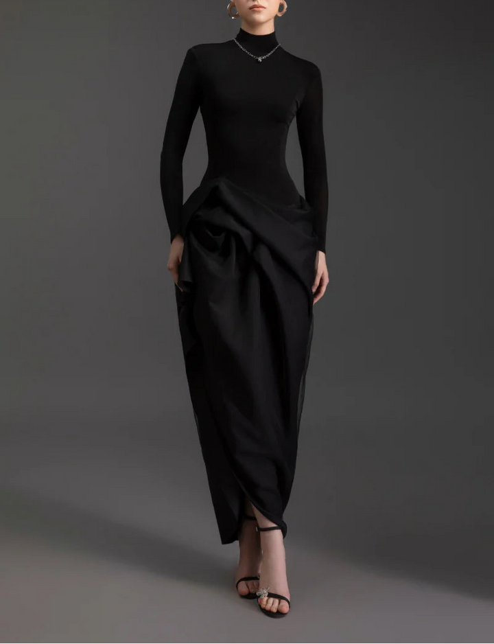 high-neck draped sculptural gown – NOIR