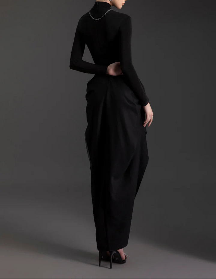 high-neck draped sculptural gown – NOIR