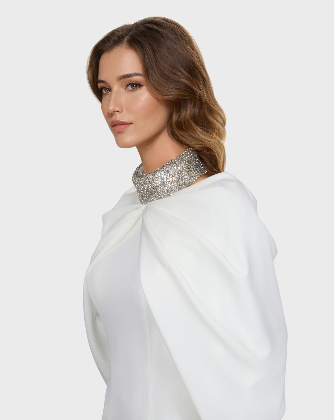 Beaded collar dress with shoulders cape