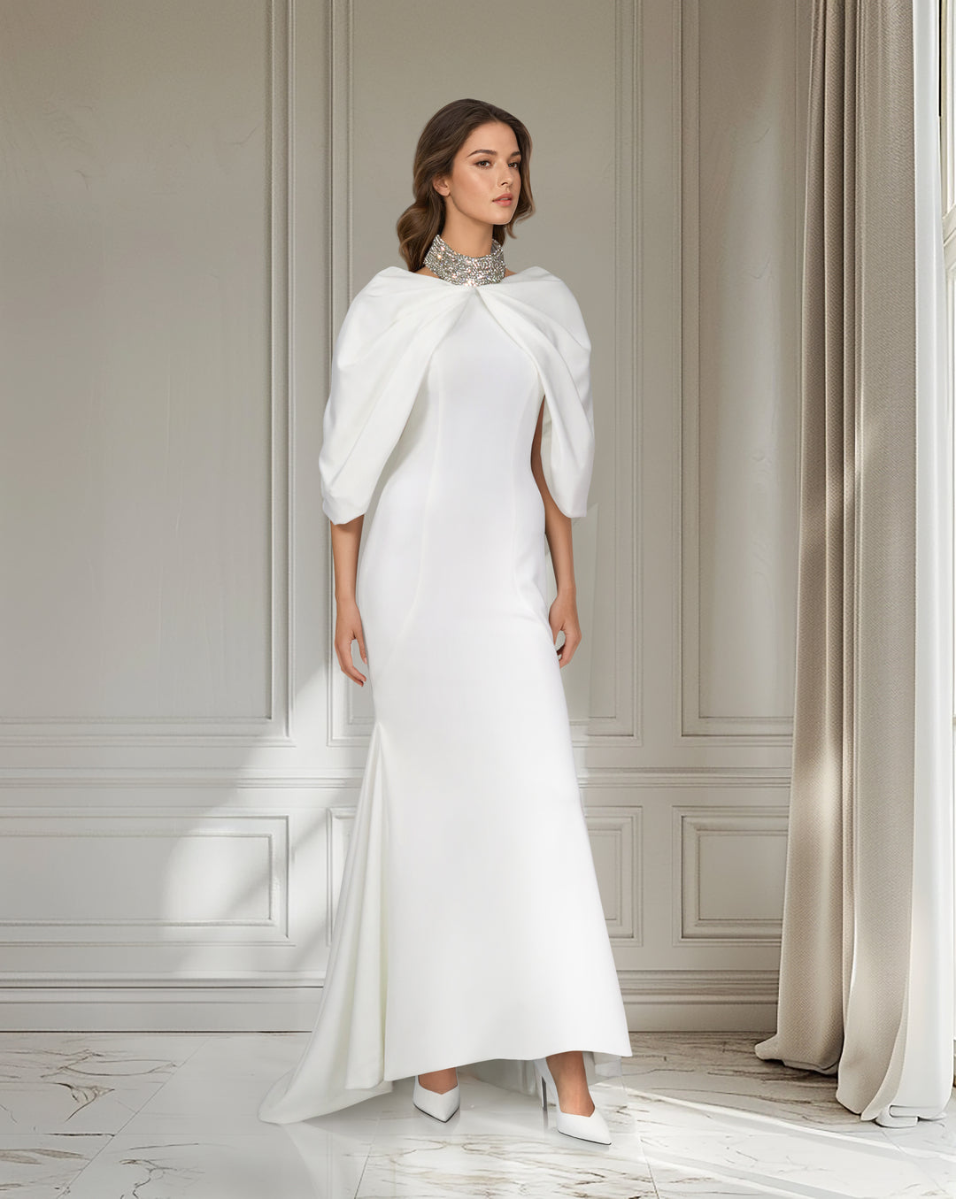 Beaded collar dress with shoulders cape-Selby –
