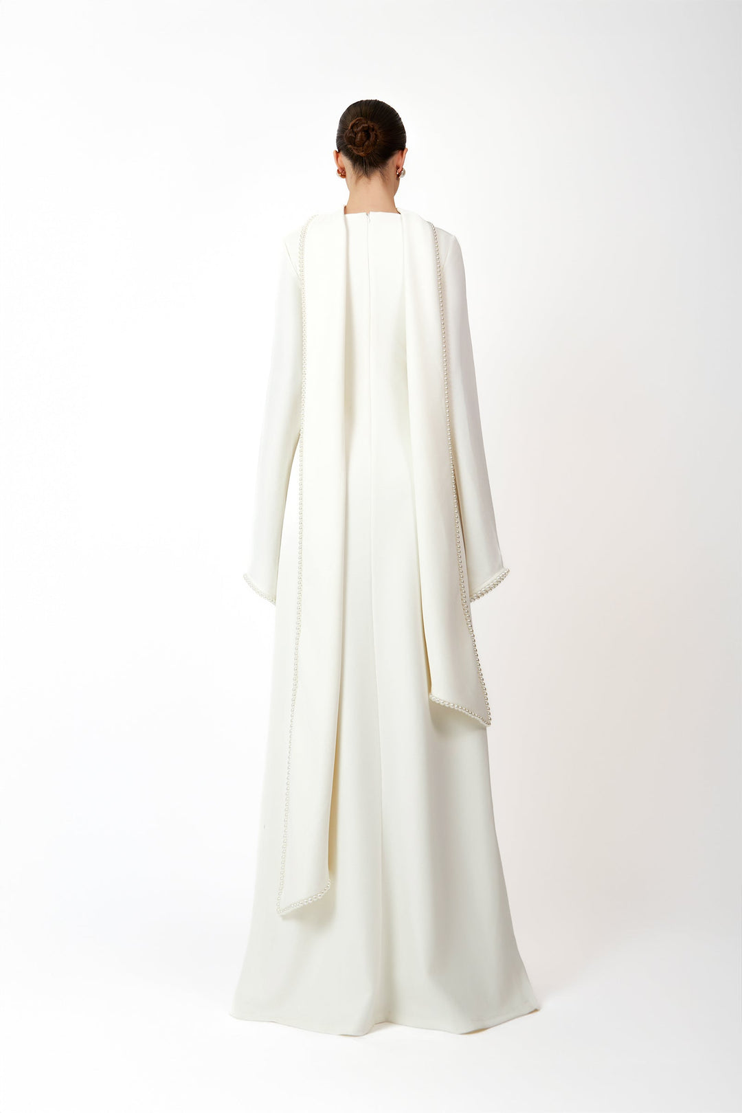 long-sleeve gown with draped pearl-trimmed cape – IVORY GRACE