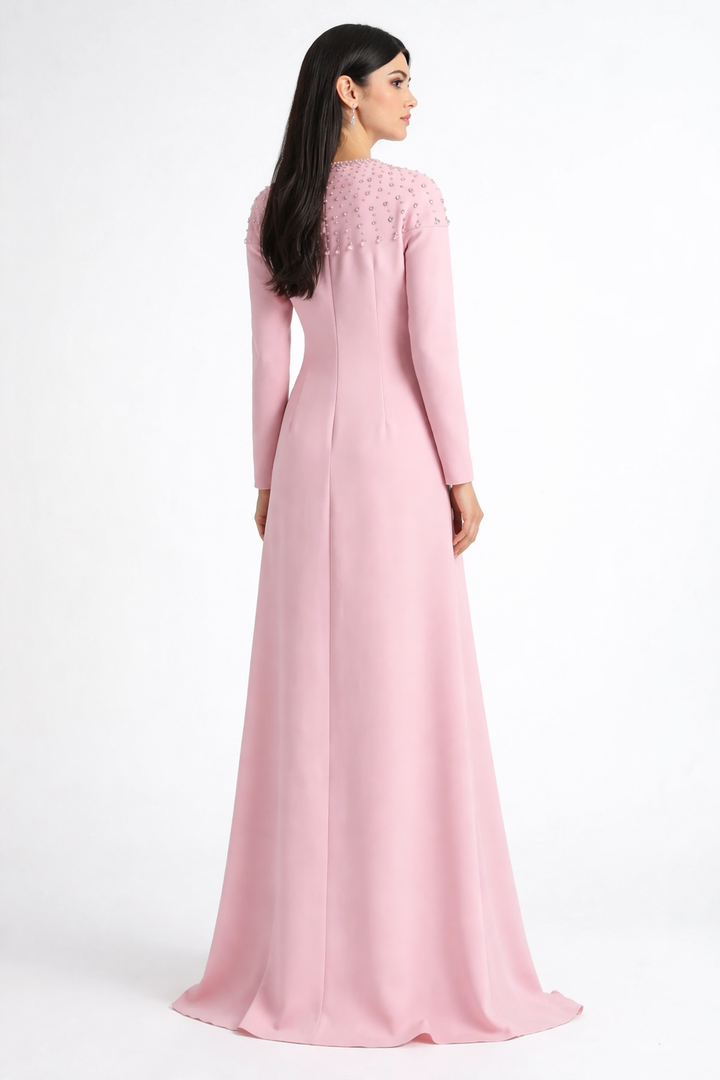 long sleeve embellished a-line gown with front detailing – BLUSH-1