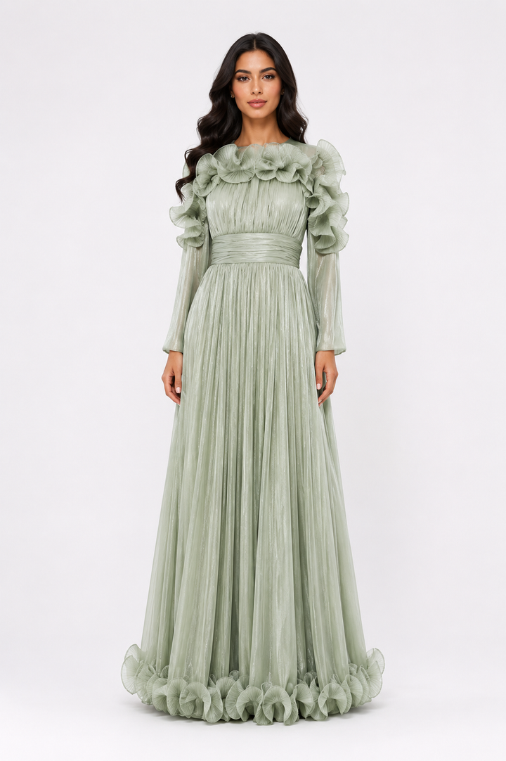 Ruffled Pleated Chiffon Maxi Dress - Midnight