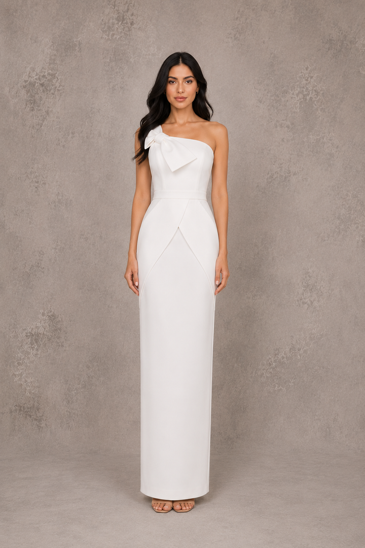 One-Shoulder Bow Column Dress - Ivory