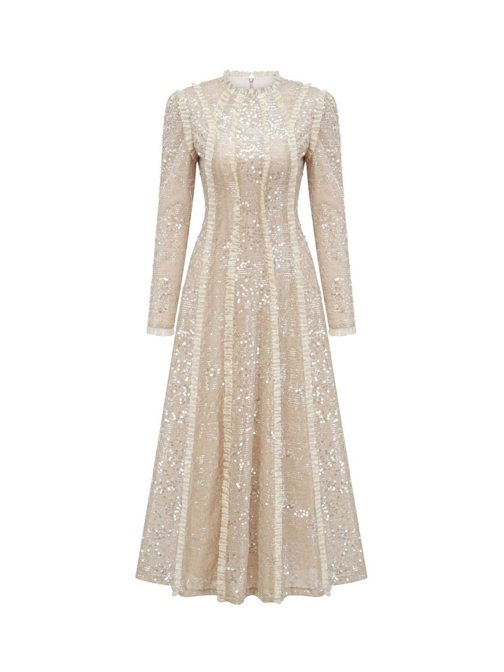long sleeve embellished lace midi dress with high neck – CHAMPAGNE