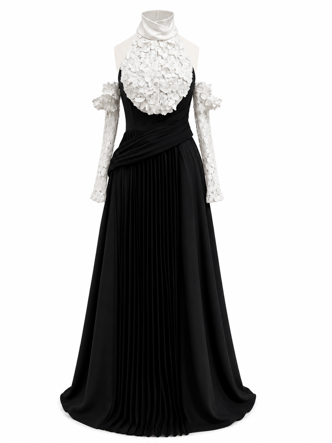 Monochrome Floral Pleated Evening Gown - Noir
