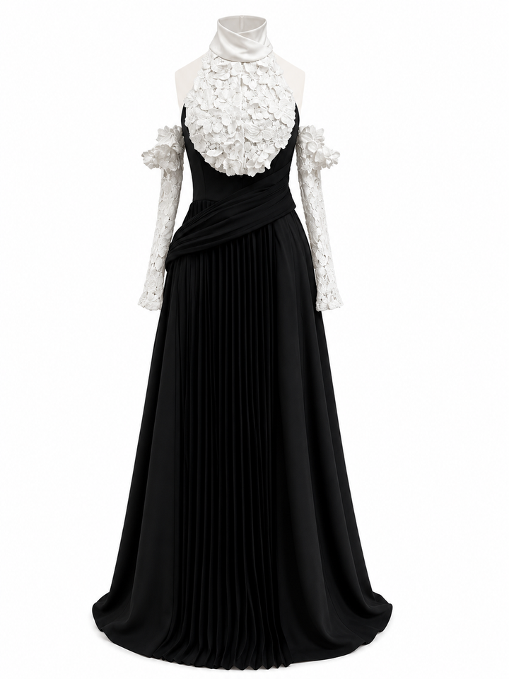 Monochrome Floral Pleated Evening Gown - Noir