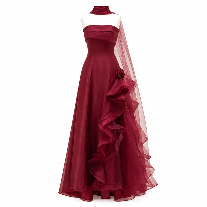 Ruffle Accent Strapless Evening Dress — Bordeaux