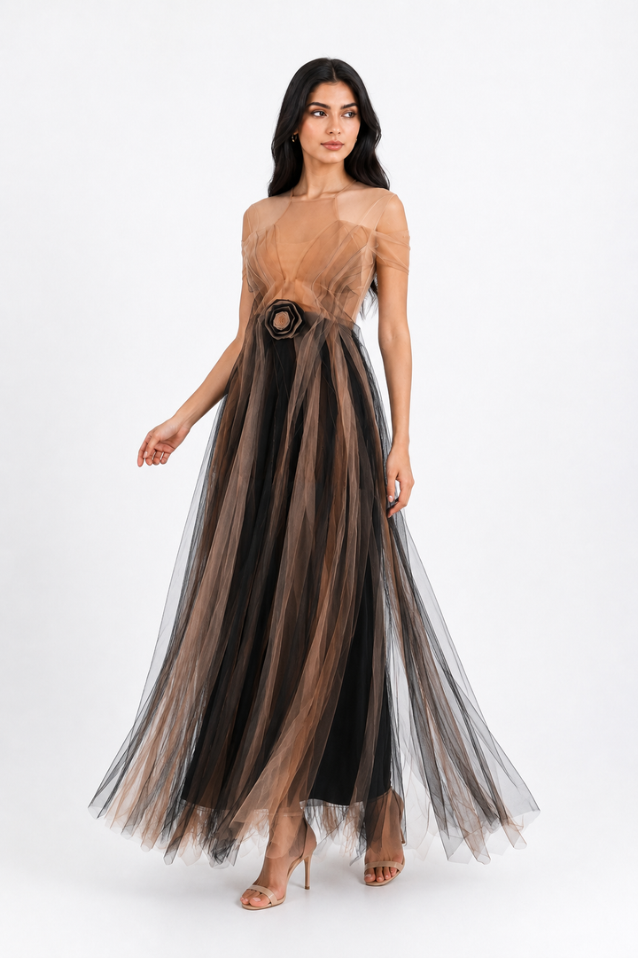 Illusion Tulle Evening Gown - Mocha