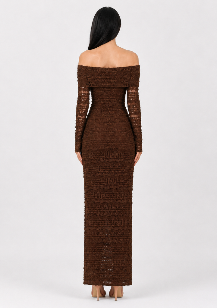 Rosette Lace Off-Shoulder Maxi Dress — Mocha
