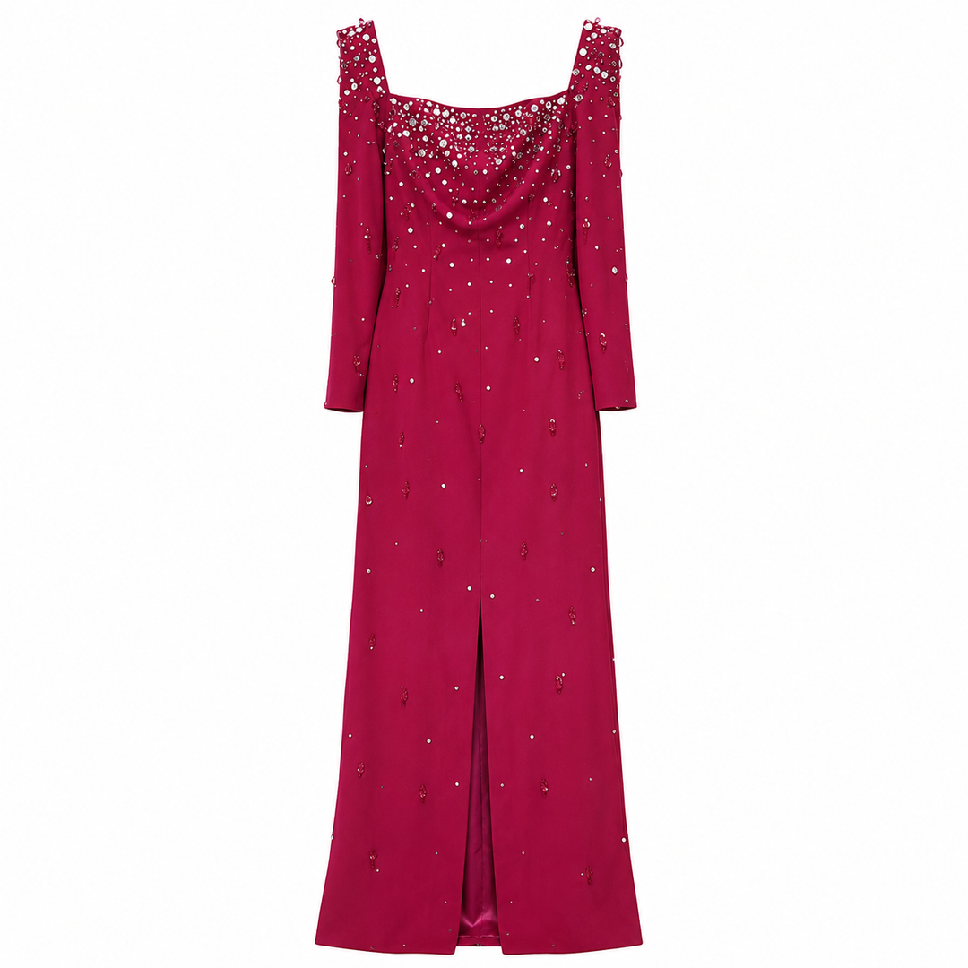 Embellished Square Neck Maxi Dress - Burgundy