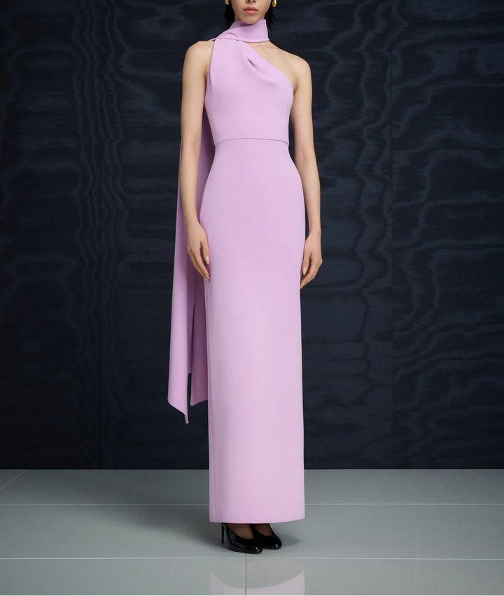 one-shoulder column gown with draped scarf – DEMI