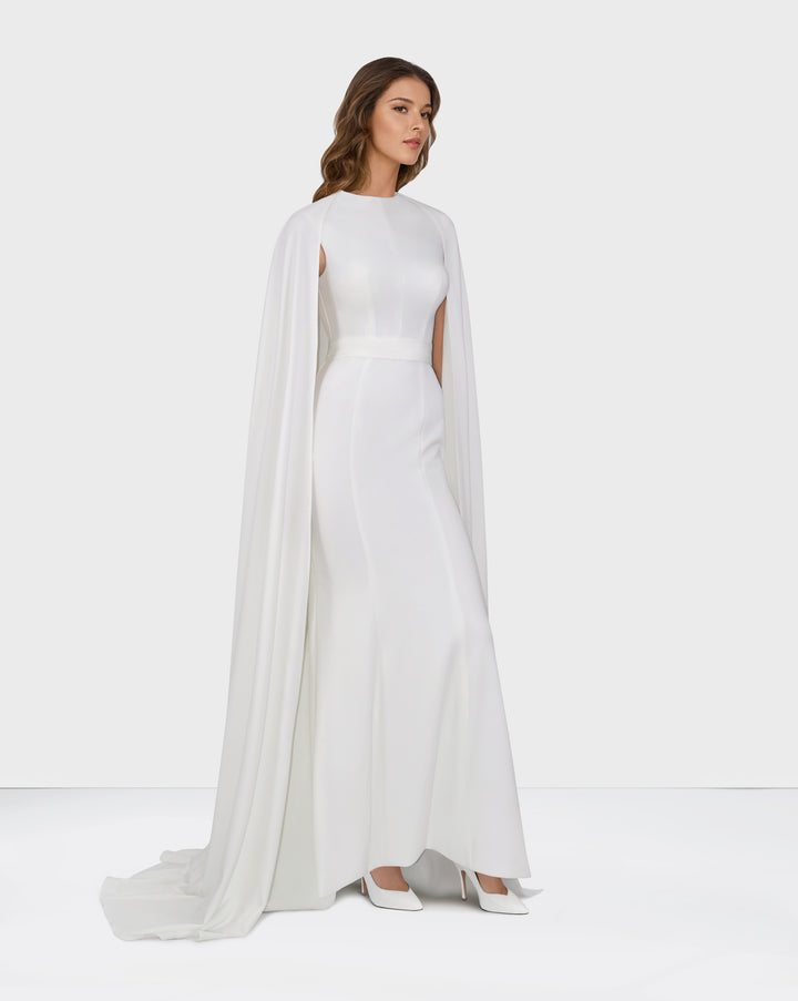 sleeveless column dress with maxi cape