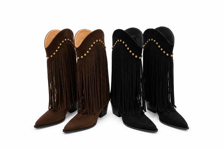 Fringe Studded Western Knee-High Boots - Rodevia
