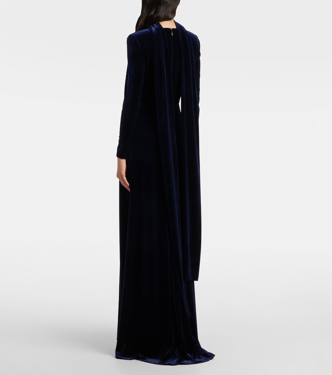 Long-sleeve velvet gown with square neckline and draped waist – NOCTURNE