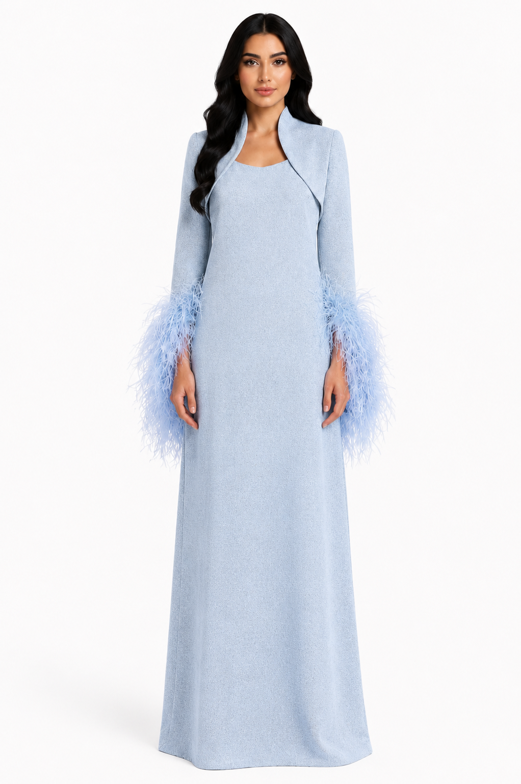 Powder Blue Feather Cuff Maxi Dress - Celeste