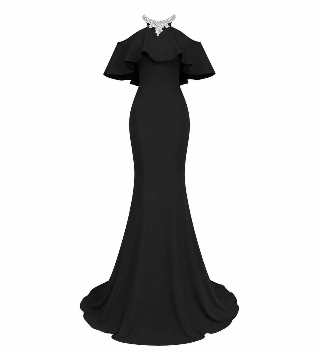 Ruffle Halter Mermaid Gown - Noir