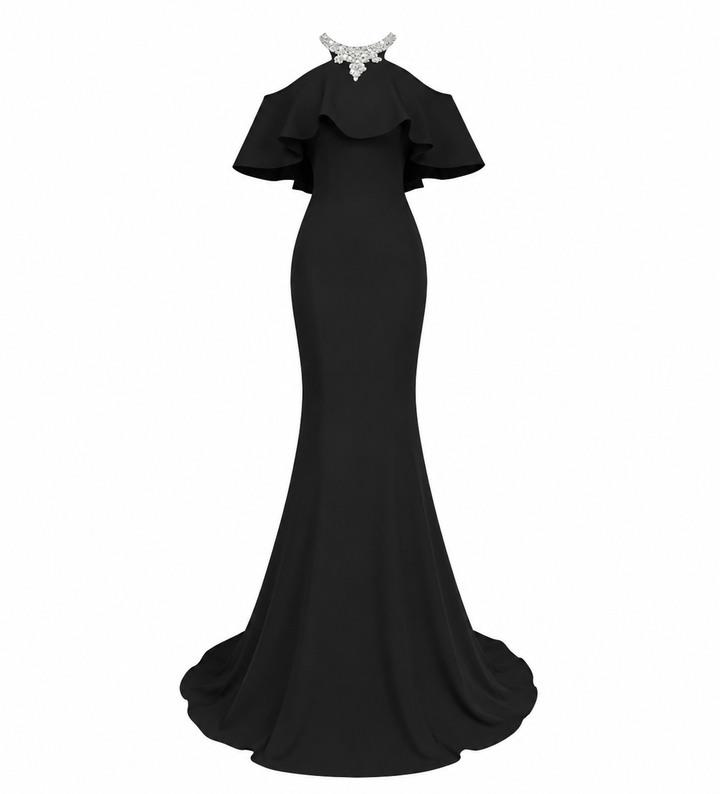 Ruffle Halter Mermaid Gown - Noir