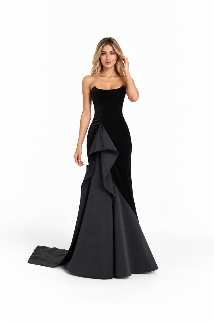 Black Strapless Ruffled Mermaid Maxi Dress - Ravenna