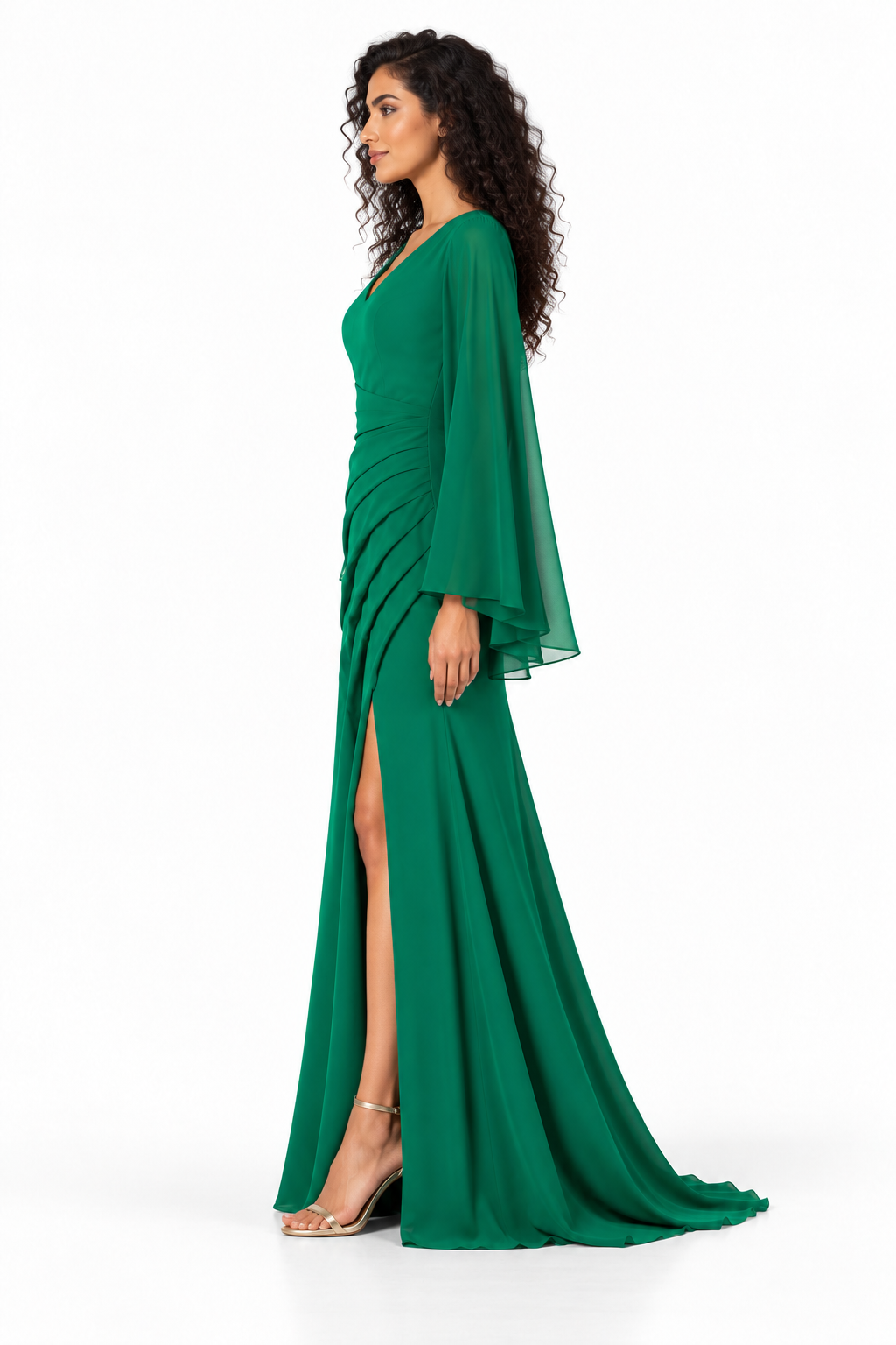 Draped V-Neck Cape Sleeve Evening Gown - Veridia