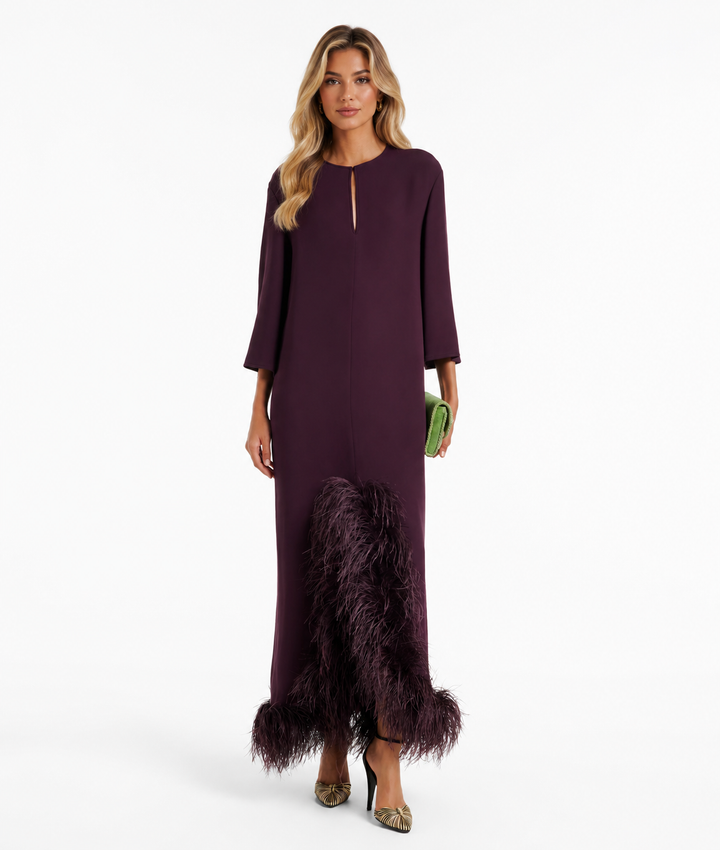 Feather-Trimmed Maxi Dress - Plum