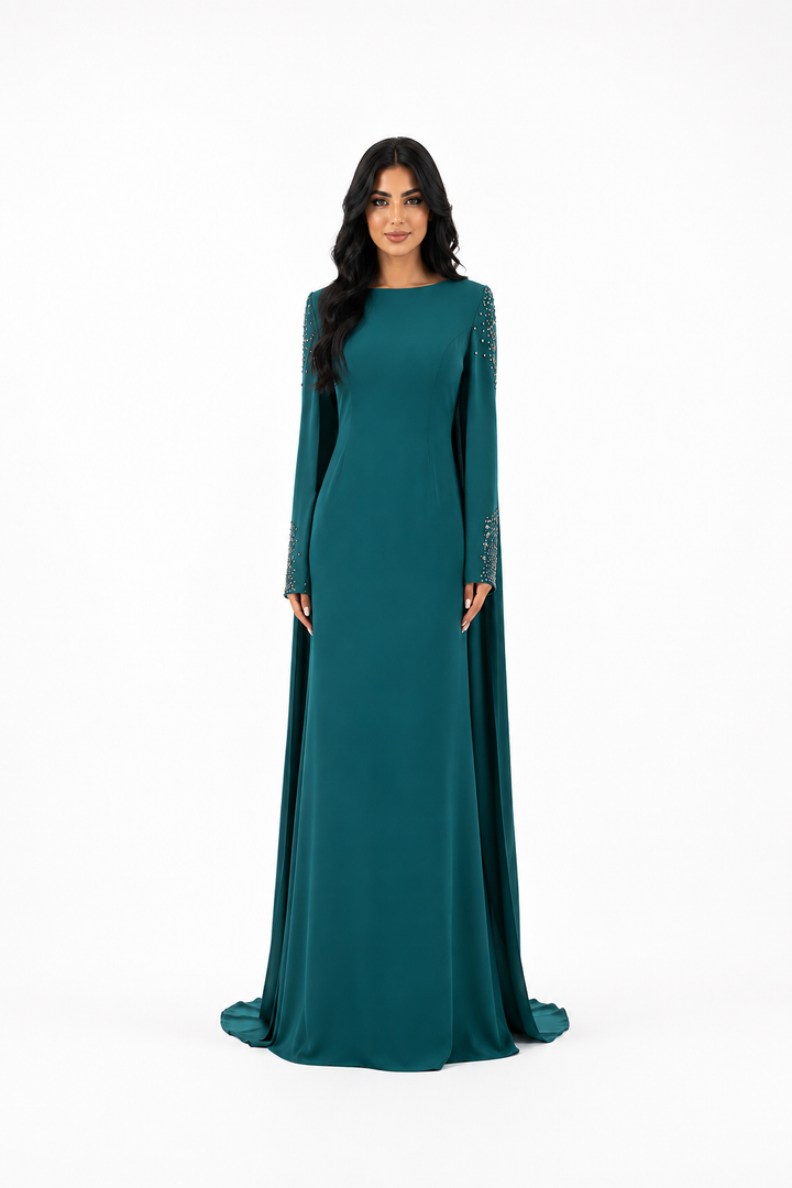 Embellished Cape Sleeve Gown – EMERALIS